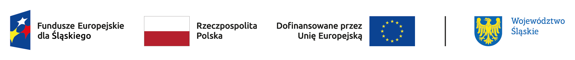 Logotypy programu Fundusze Europejskie dla Śląskiego, Rzeczpospolita Polska, Dofinansowane przez Unię Europejską oraz Województwo Śląskie